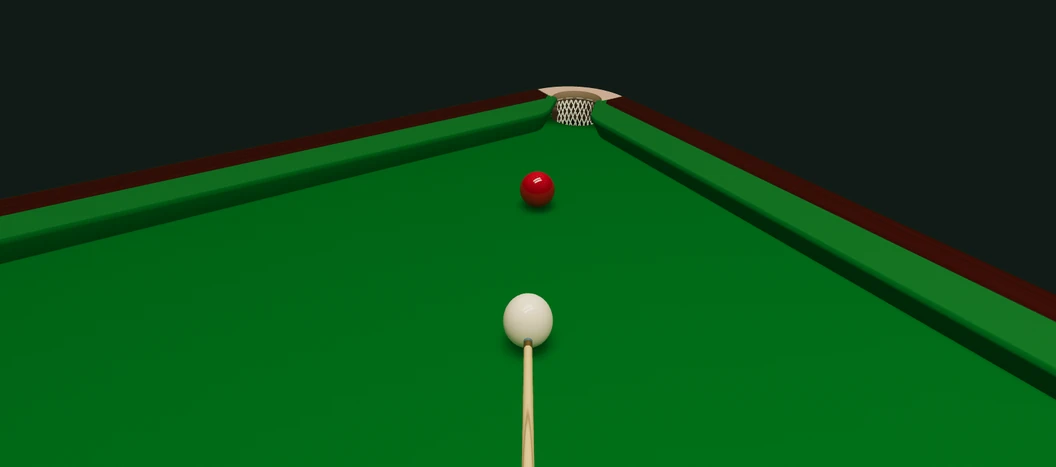 Looking along the table from behind the cue ball